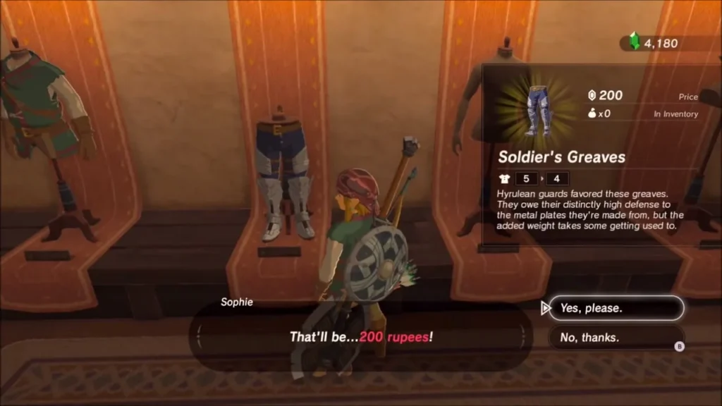 Shopkeeper quoting 200 rupees for the Soldier's Greaves Shopkeeper quoting 200 rupees for the Soldier's Greaves