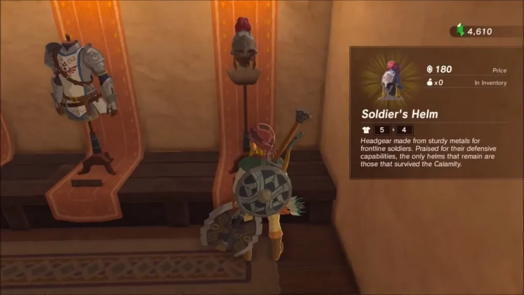 Soldier's Helm on display in the Hateno boutique with its 180 Rupee price Soldier's Helm on display in the Hateno boutique with its 180 Rupee price