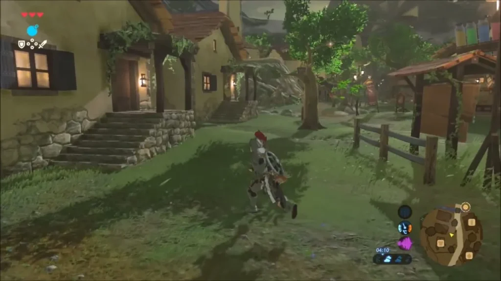 Link in the Soldier's Set running through Hateno Village Link in the Soldier's Set running through Hateno Village