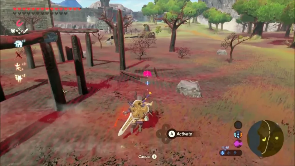 Link aiming Magnesis at the buried chest among dead trees Link aiming Magnesis at the buried chest among dead trees