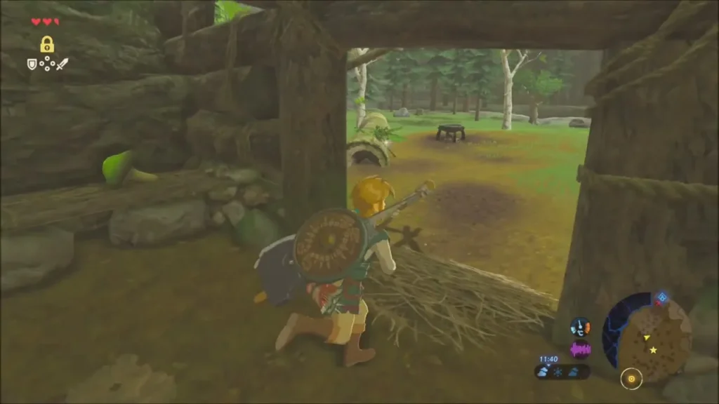 Link crouching inside the wooden hut where the Warm Doublet is kept Link crouching inside the wooden hut where the Warm Doublet is kept