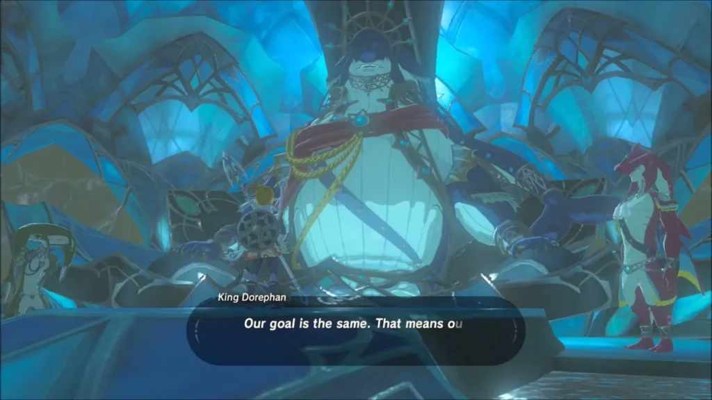 King Dorephan seated on his throne with Link and Sidon before him King Dorephan seated on his throne with Link and Sidon before him