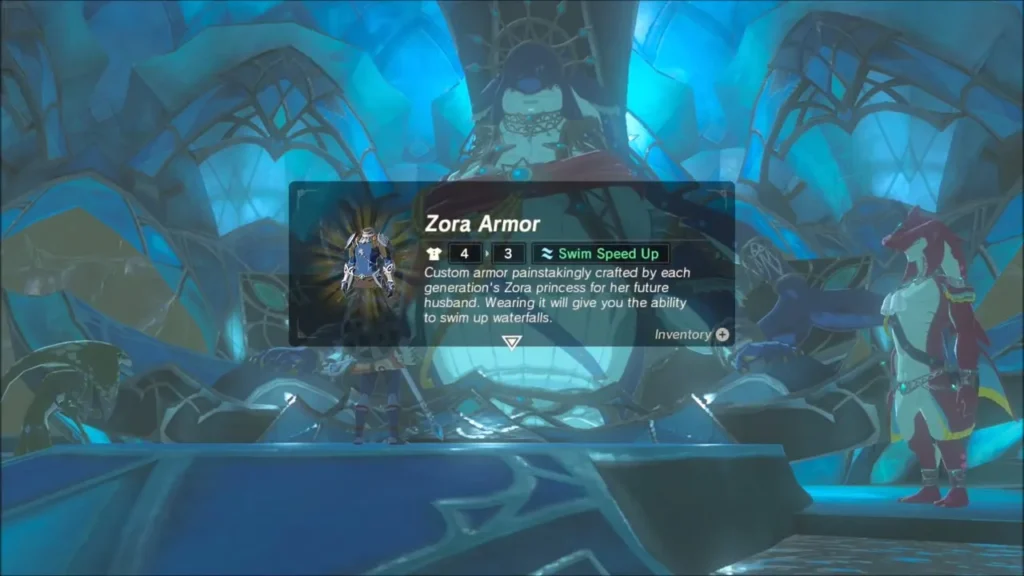The Zora Armor item box shown as King Dorephan presents the gift to Link The Zora Armor item box shown as King Dorephan presents the gift to Link
