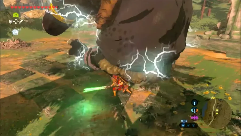 Lightning crackling around the Hinox's metal-wrapped leg as Link slashes