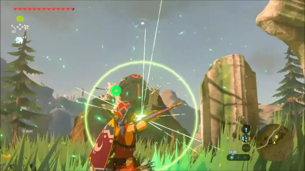 Link drawing a bow with a glowing aim ring in a grassy ruin