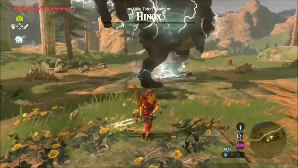 Link backing off from the lightning-wreathed Hinox with weapon ready