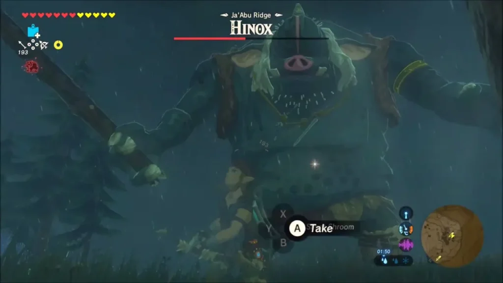 Hinox holding a tree trunk club, towering over Link Hinox holding a tree trunk club, towering over Link