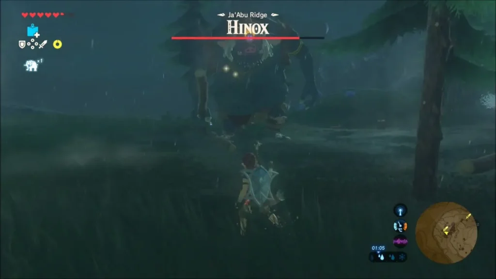 Link backing away from a Hinox at a safe distance Link backing away from a Hinox at a safe distance
