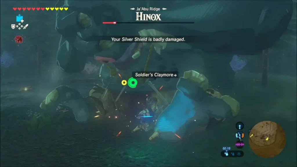 Link slashing a fallen Hinox, sparks flying Link slashing a fallen Hinox, sparks flying