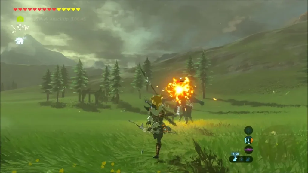 Link drawing back from a Lynel as a fire arrow bursts on its head Link drawing back from a Lynel as a fire arrow bursts on its head