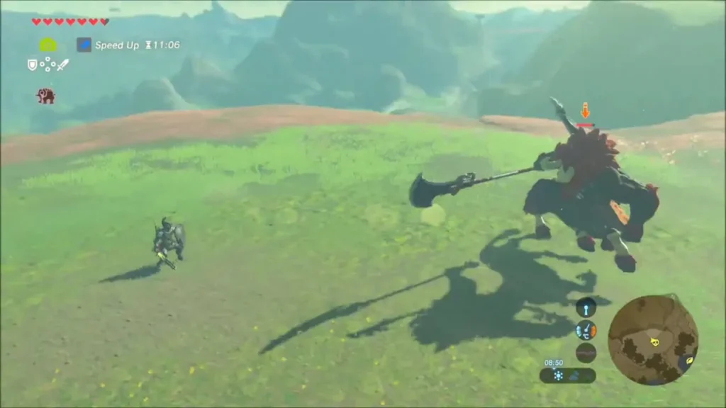 A red Lynel leaping across a hilltop toward Link with its spear A red Lynel leaping across a hilltop toward Link with its spear
