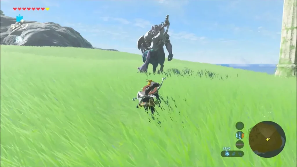 A Lynel galloping across open grassland toward Link A Lynel galloping across open grassland toward Link