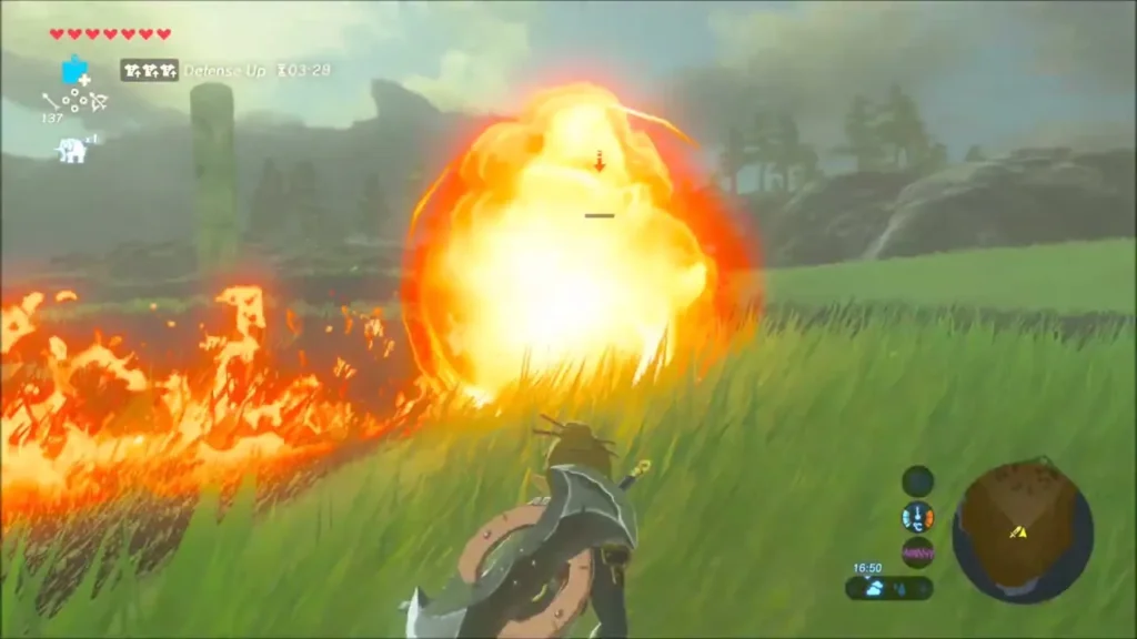 A large fireball exploding in the grass as Link watches A large fireball exploding in the grass as Link watches