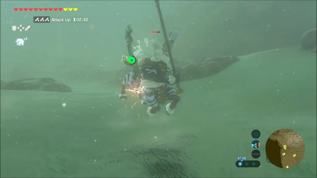Link riding on a white-maned Lynel's back, sparks flying as he strikes Link riding on a white-maned Lynel's back, sparks flying as he strikes
