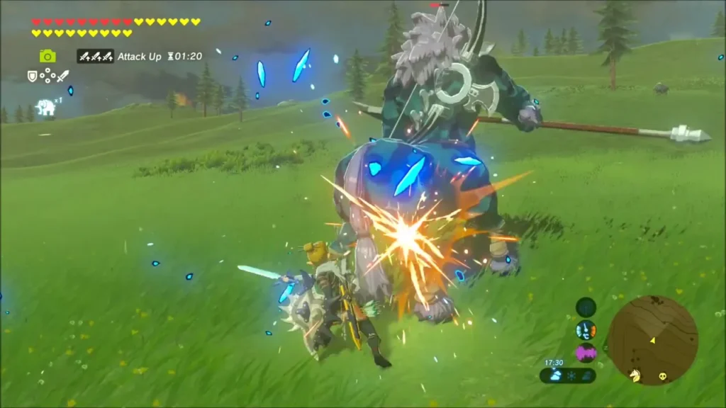 Link slashing a blue-maned Lynel as sparks and blue shards burst from the hit Link slashing a blue-maned Lynel as sparks and blue shards burst from the hit
