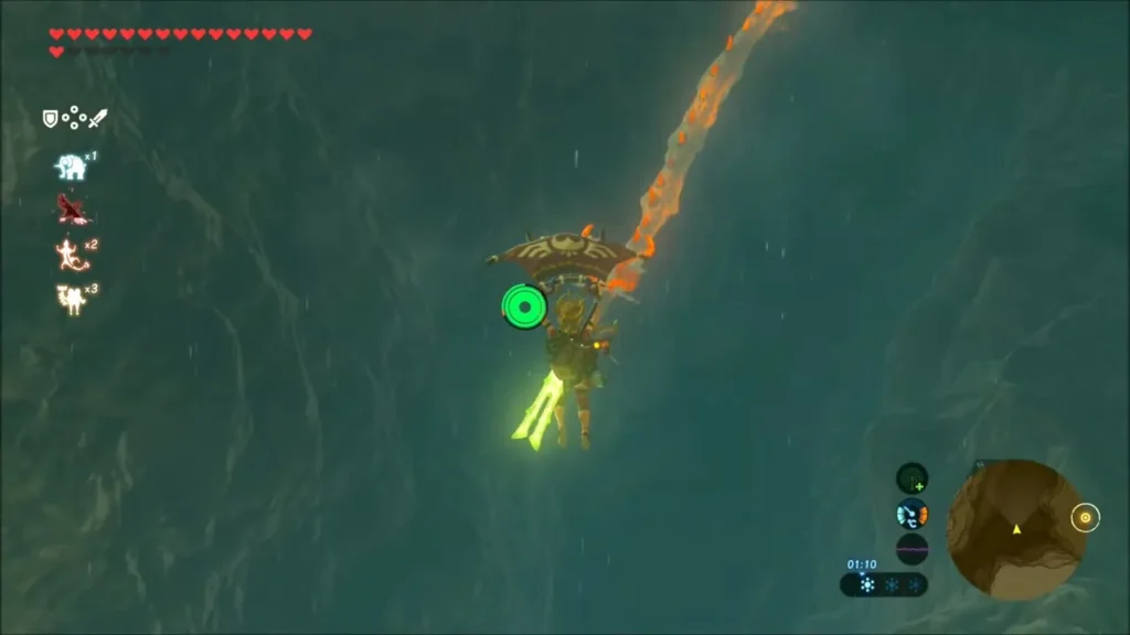 Link gliding on the paraglider right beside Dinraal's long body Link gliding on the paraglider right beside Dinraal's long body
