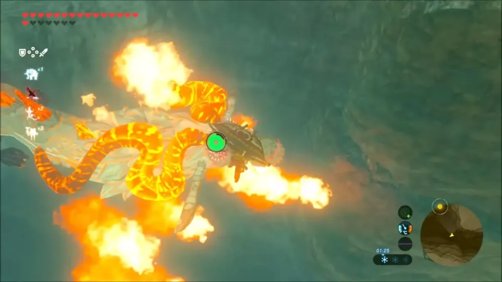 Link gliding next to Dinraal amid fire bursts, lining up a shot Link gliding next to Dinraal amid fire bursts, lining up a shot