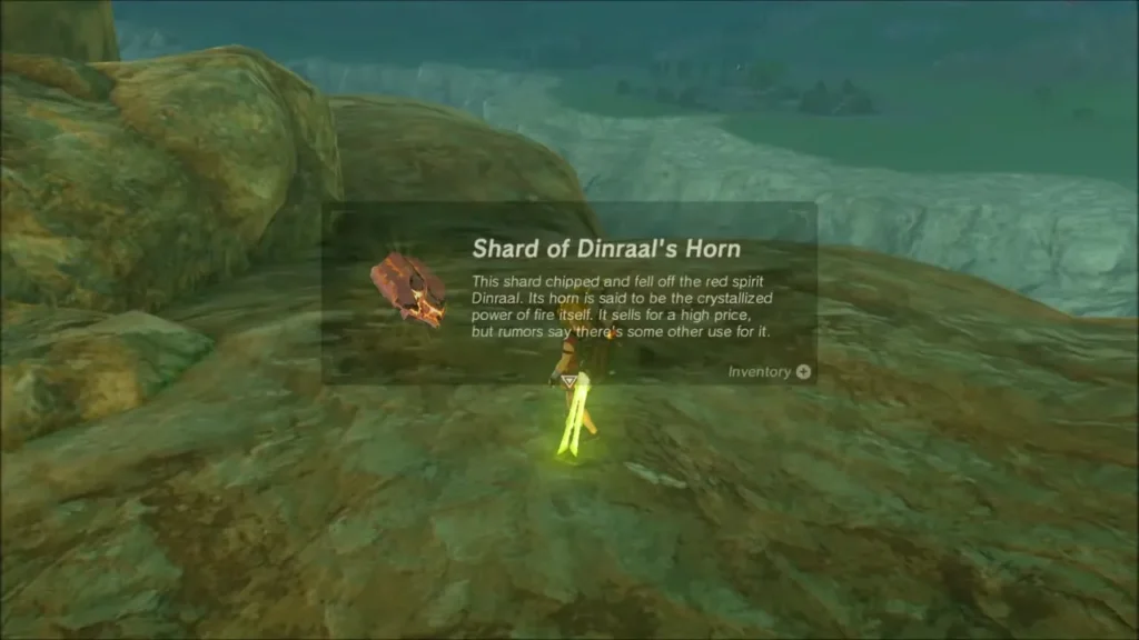 Link picking up the Shard of Dinraal's Horn with its name box Link picking up the Shard of Dinraal's Horn with its name box