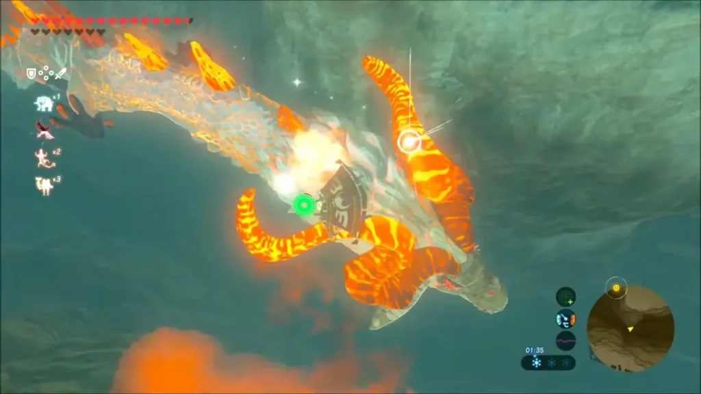 Link in the air beside Dinraal's glowing horns and head Link in the air beside Dinraal's glowing horns and head