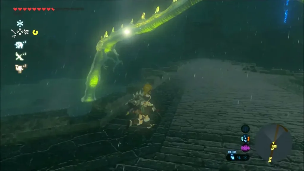 Farosh sweeping low beside Link on the bridge Farosh sweeping low beside Link on the bridge