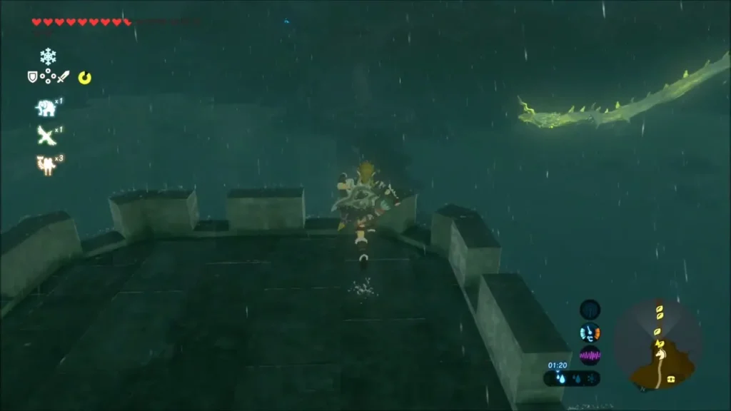 Link on a stone bridge tower in the rain as Farosh glides through the sky Link on a stone bridge tower in the rain as Farosh glides through the sky