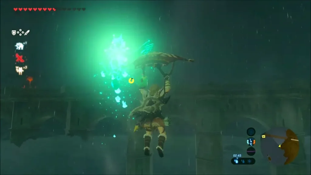 Link gliding through a burst of green light left by Farosh Link gliding through a burst of green light left by Farosh