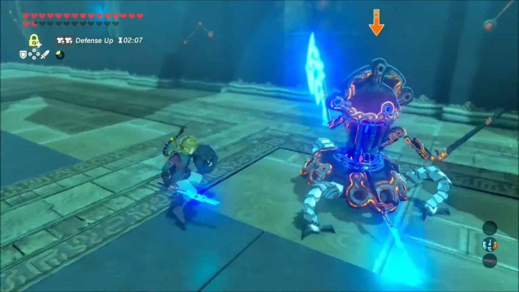 Link with shield and sword squaring up to a Guardian Scout