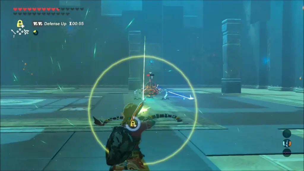 Link aiming his bow at a Guardian Scout from across the room