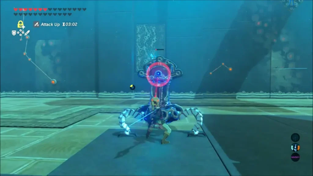 Link facing a Guardian Scout whose eye glows red as it charges its beam
