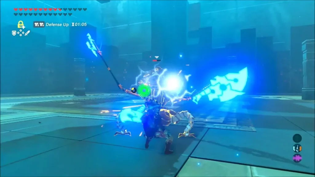 Link deflecting the Scout's laser back as a crackling blue energy ball Link deflecting the Scout's laser back as a crackling blue energy ball
