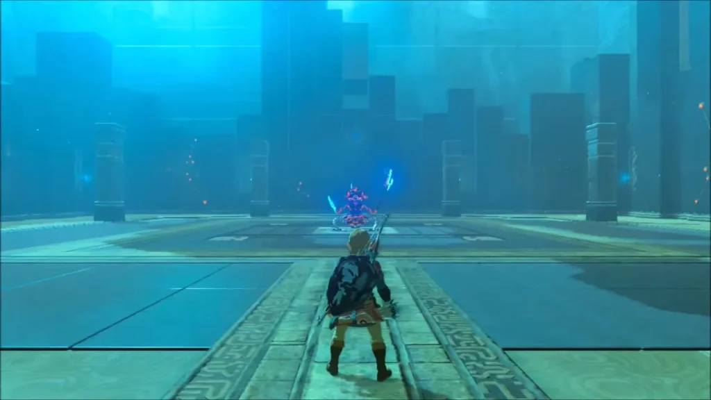 Link keeping his distance from the Guardian Scout III across the arena