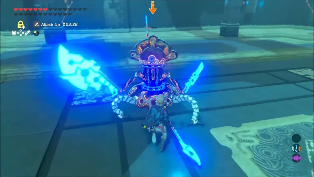 Guardian Scout III spreading its glowing blades as Link stands close