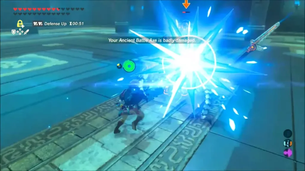 Link parrying with his shield in a burst of blue light