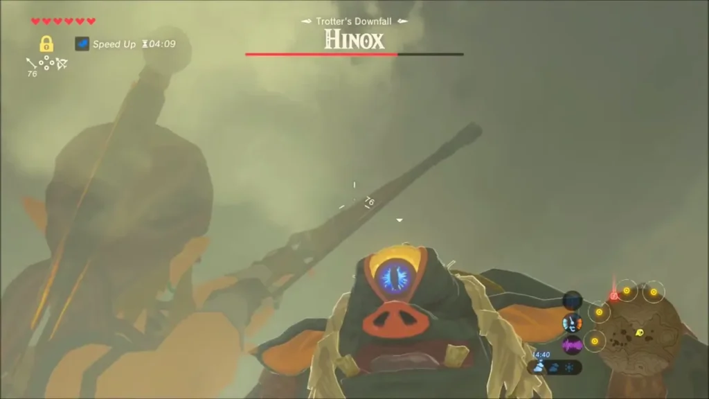 Link aiming an arrow at the Hinox's glowing blue eye Link aiming an arrow at the Hinox's glowing blue eye