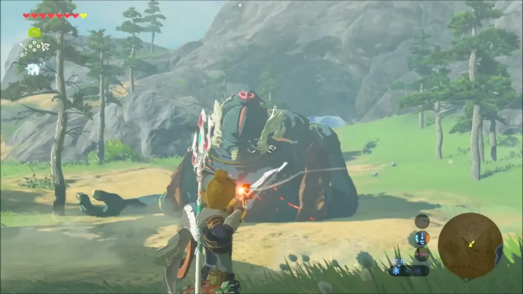 Link drawing a fire arrow at a sleeping Hinox Link drawing a fire arrow at a sleeping Hinox