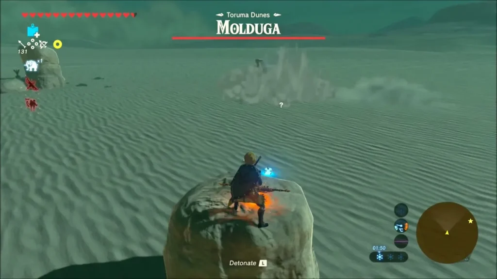 Link on a rock with a bomb placed as Molduga's dust trail closes in across the dunes Link on a rock with a bomb placed as Molduga's dust trail closes in across the dunes