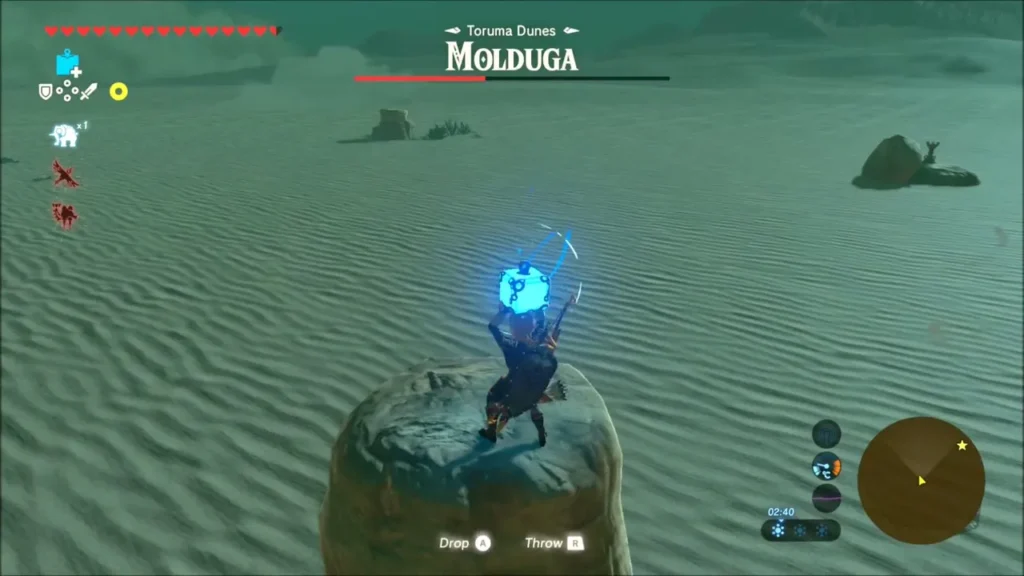 Link holding a glowing blue bomb over his head on a rock in the desert Link holding a glowing blue bomb over his head on a rock in the desert