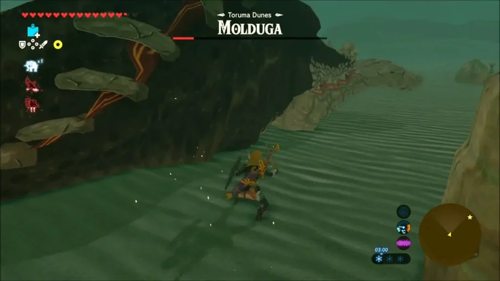 Link running along Molduga's flank on the sand Link running along Molduga's flank on the sand