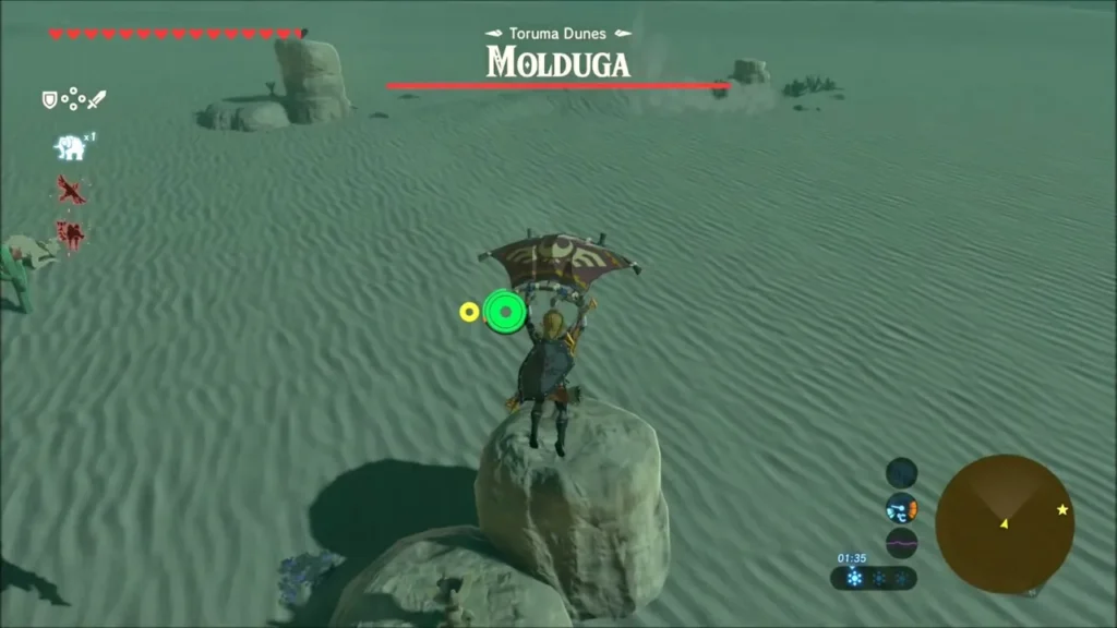 Link gliding down onto a lone rock in the Toruma Dunes sand while Molduga's health bar shows Link gliding down onto a lone rock in the Toruma Dunes sand while Molduga's health bar shows