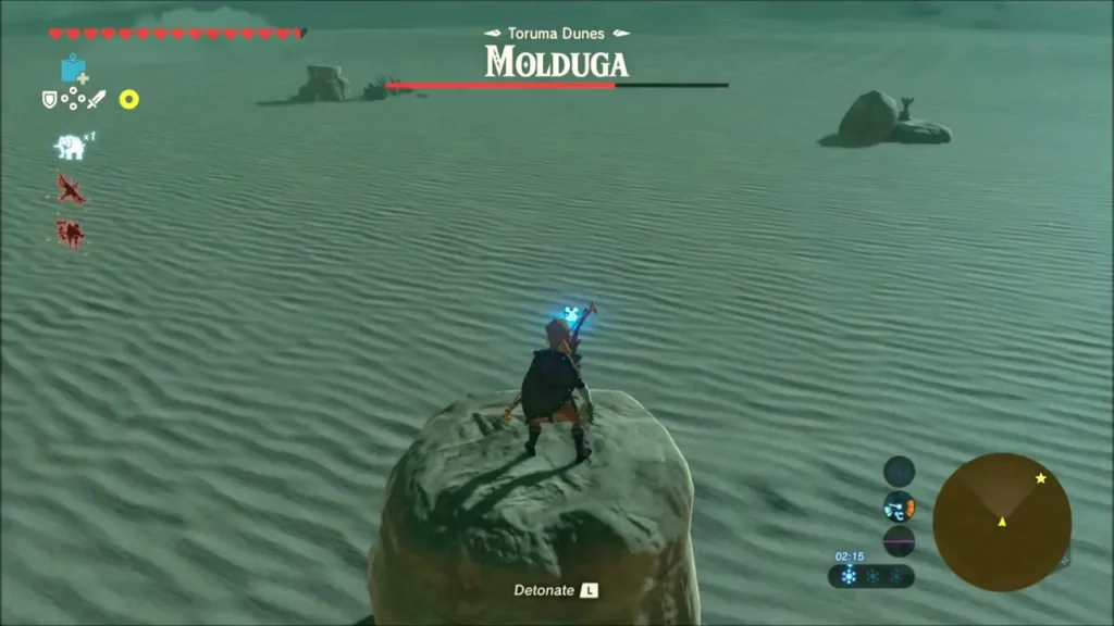 Link standing view on a rock above open sand with a bomb rune ready Link standing view on a rock above open sand with a bomb rune ready