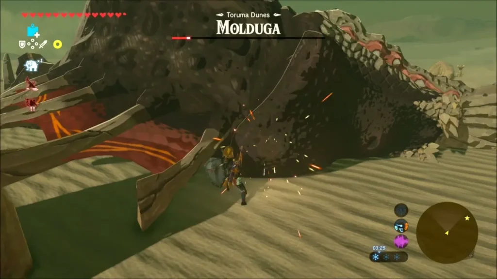 Link striking the helpless Molduga with sparks flying Link striking the helpless Molduga with sparks flying