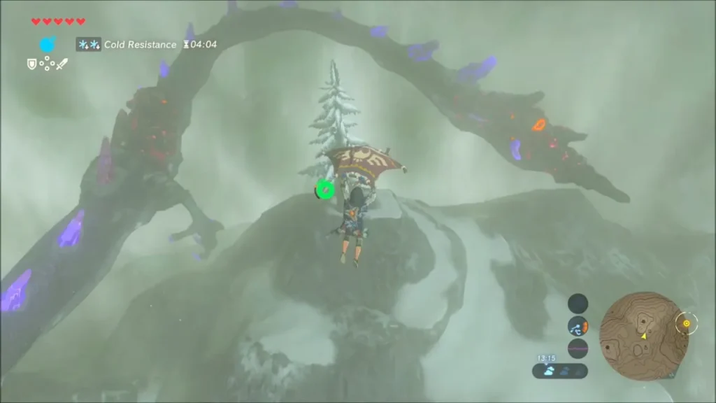 Link gliding past Naydra as the dragon arches over the peak Link gliding past Naydra as the dragon arches over the peak