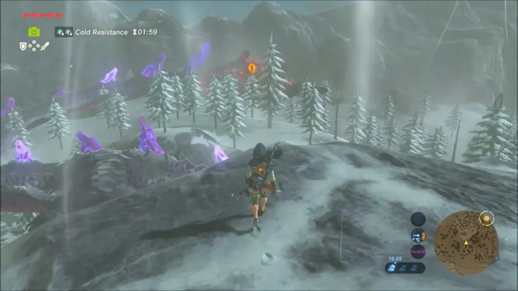 Link climbing a snowy ridge among pines as Naydra's body winds through the valley Link climbing a snowy ridge among pines as Naydra's body winds through the valley