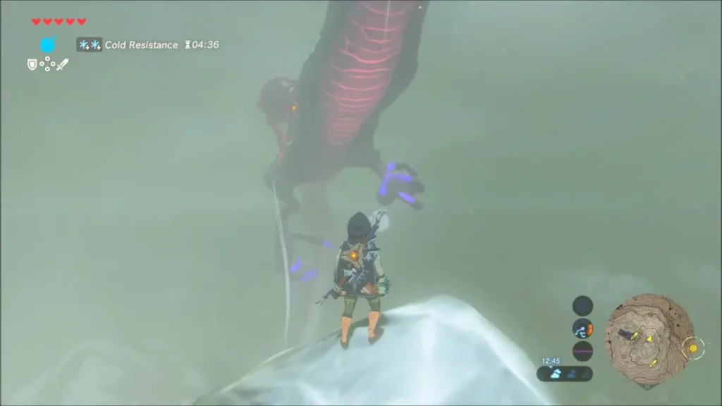 Link standing on a rocky ledge as Naydra's coiled body passes overhead in the mist Link standing on a rocky ledge as Naydra's coiled body passes overhead in the mist