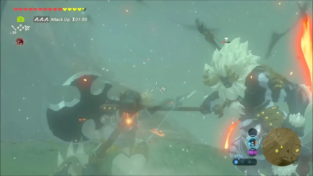 Link swinging a heavy axe against the Silver Lynel at close range Link swinging a heavy axe against the Silver Lynel at close range