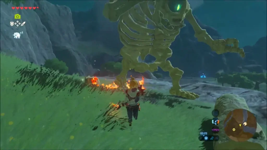 Link running at the weakened Stalnox with a flaming sword Link running at the weakened Stalnox with a flaming sword