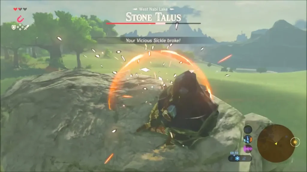 Link hammering the dark ore on a Stone Talus, sparks flying from the hit Link hammering the dark ore on a Stone Talus, sparks flying from the hit