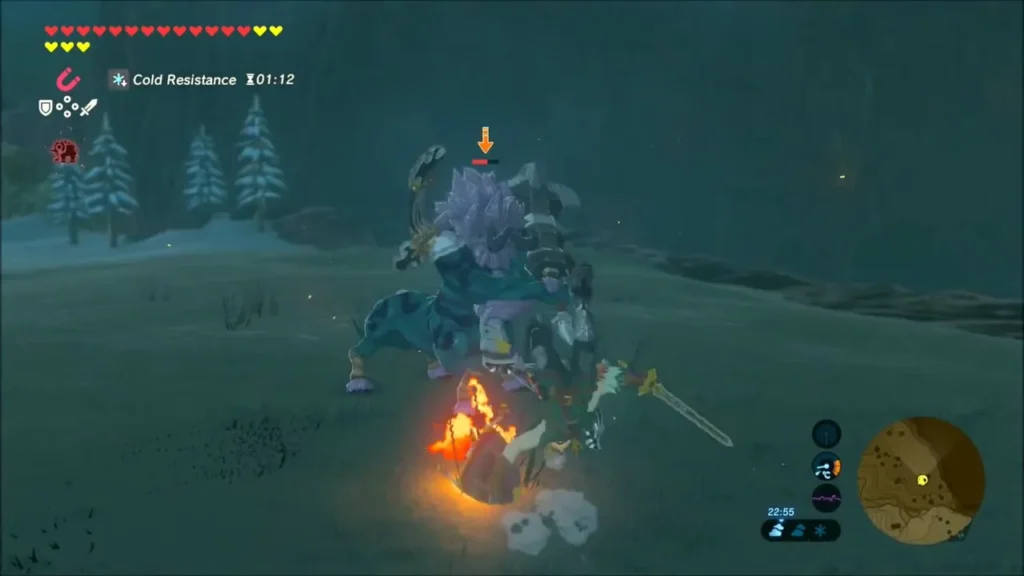 Link striking the Lynel up close in the snowy dark