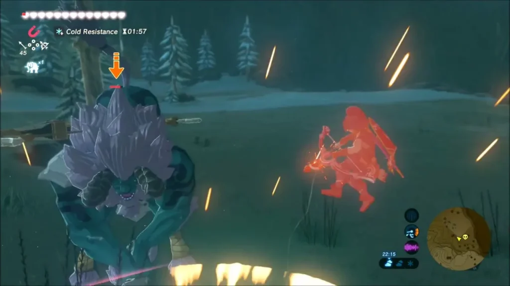 Close view of the Lynel's snarling face as Link's ghost image shoots