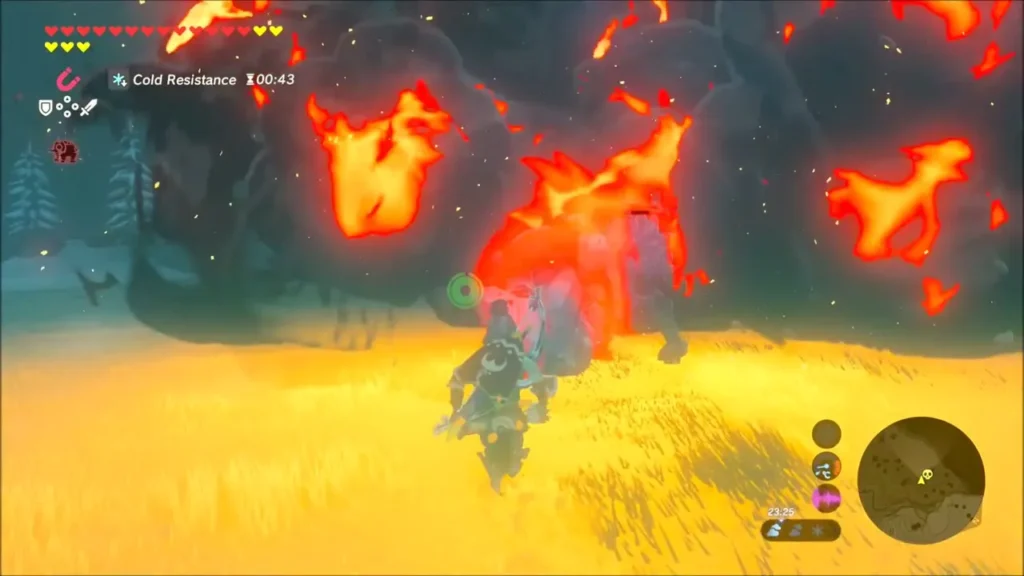 Massive fire explosion engulfing the field as Link faces the Lynel at night